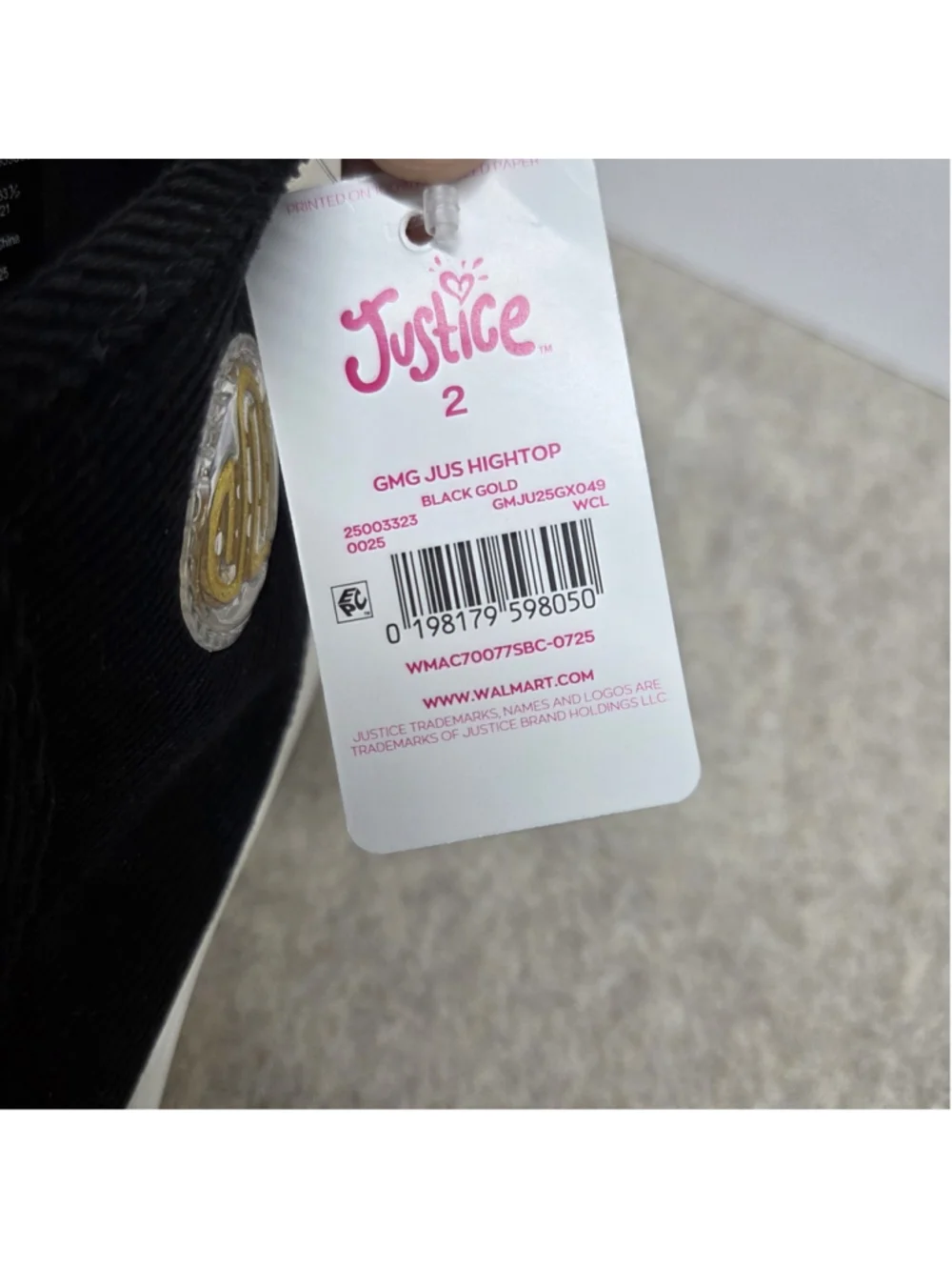 NWT Girls Justice Black Hightops With White Soles Size 2